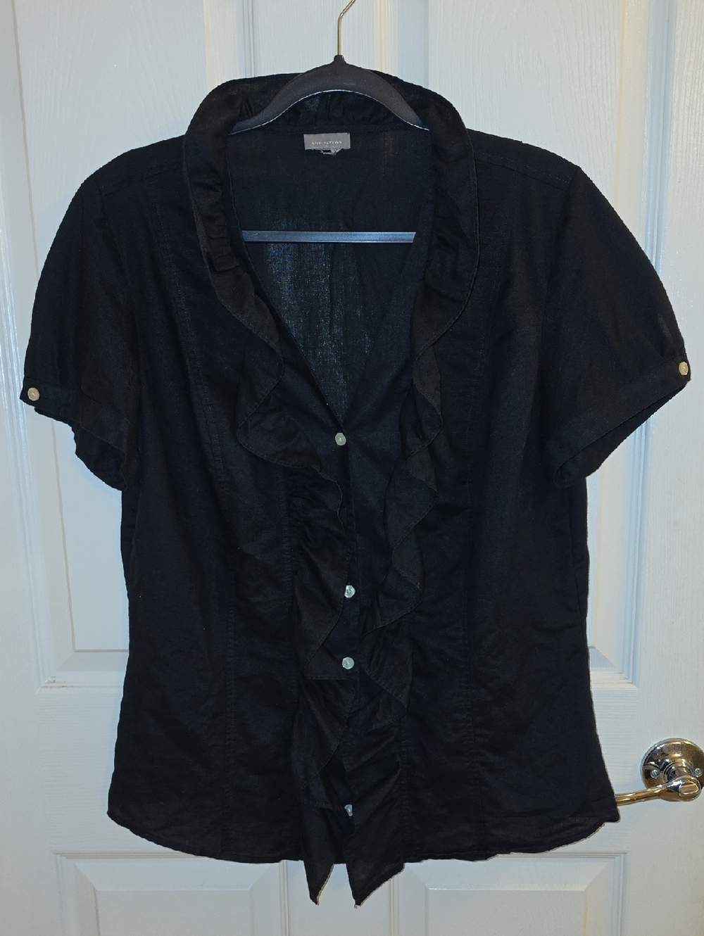 Ann Taylor Black Short-Sleeve Ruffled Button Blouse